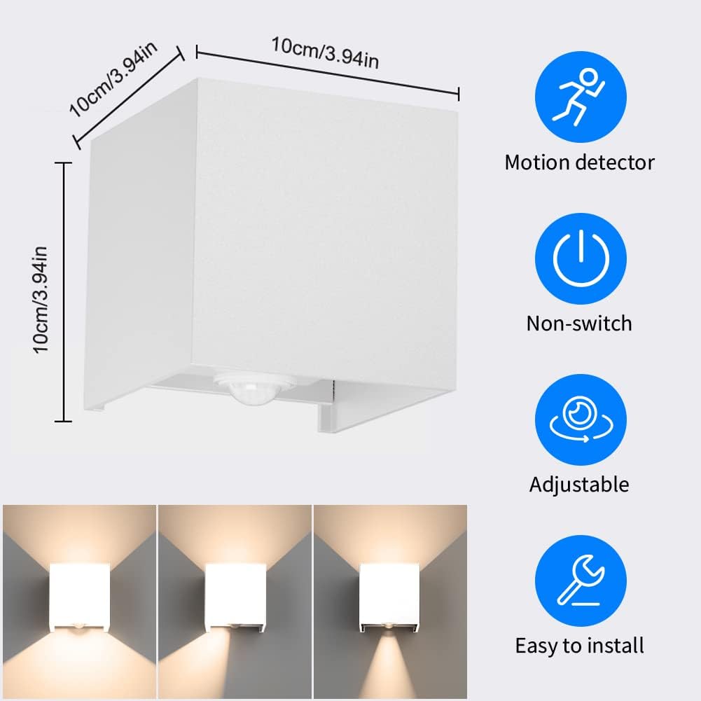 Klighten Aplique de pared con sensor de movimiento, 12W Aplique pared exterior/interior con haz de luz ajustable, 3000K blanco cálido, Lámparas de pared Ip65 con sensor, Blanco