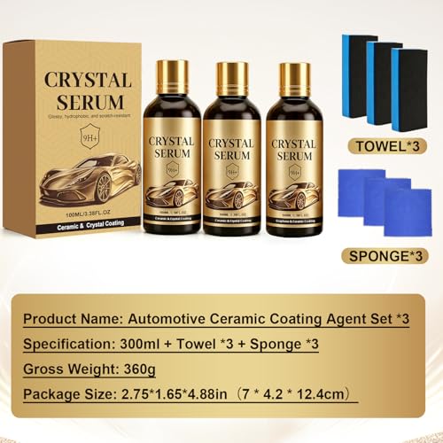 3PCS Crystal Serum for Cars – Crystal Serum Ceramic Coating, Repels Water Stains, Blocks UV Radiation, Resists Oxidation, Enhances Mirror Shine & Shields Auto Paint from Daily Outdoor Damage