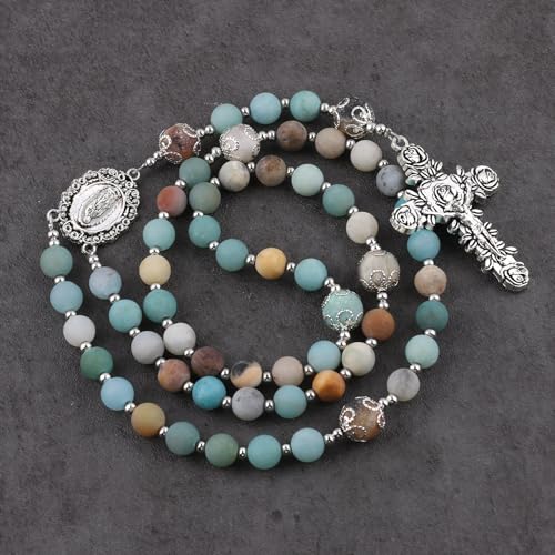 8mm Natural Stone Amazonite Beads Rosary with Caps Guadalupe Medal and Pardon Rose Crucifix3
