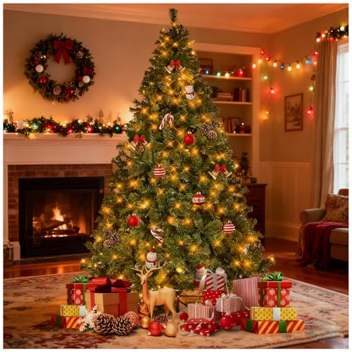 Fenbeli 6FT Pre Lit Christmas Tree with 250 Warm White LED Lights Full Artificial Xmas Tree 1060 Branch Tips Non Decorated Hinged PVC Evergreen with Metal Stand for Indoor Holiday Home Decoration