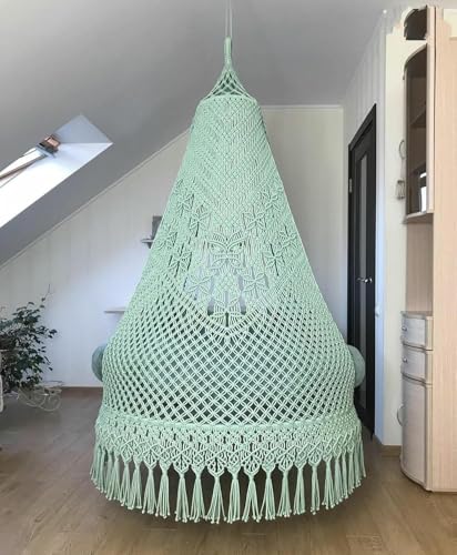 Image of Macrame Hanging Chair Swing with Cushion | Handmade Boho Hammock Chair for Adults & Kids | Indoor Outdoor for Balcony, Living Room, Bedroom, Patio & Garden (Olive Green)