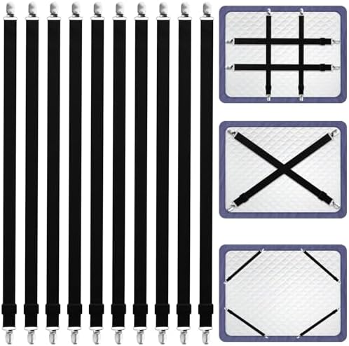 10 Piezas Tensores de Sábanas Ajustables 65-240 cm, Correas Elásticas Negras con Clips de Metal para Sábanas, Tabla de Planchar, Colchón, Sofá