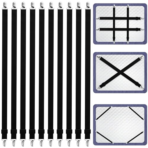 mauuuba Lot de 10 Tendeurs de Drap Réglables 65-240 cm, Sangles Élastiques Noires avec Clips en Métal pour Draps, Table à Repasser, Matelas, Canapé