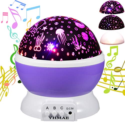 YHMAE Music Night Light Projector Lamp Baby Star Projector 360 Degree Rotating 9 Multicolor Changing with Rechargeable Battery,12 Soft Light Music for Relax and Sleep (Pink)