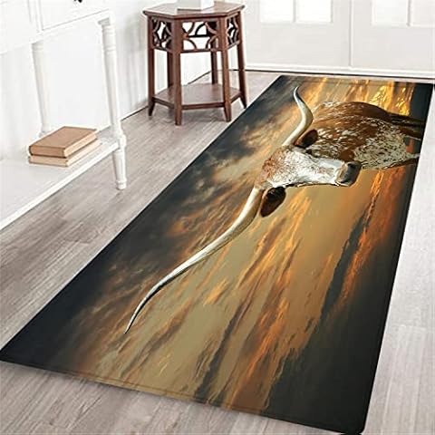 MATEKULI Long Runner Rug,Sunset Texas Longhorn Hill Country Western Old west Cowboys,Non-Slip Floor Carpet Hallway Doormat Entrance Door Mats Washable Area Kitchen Rugs Cover