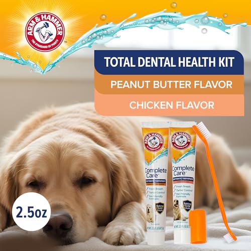Image of Arm & Hammer Complete Care Dog Dental Kit with Two Flavors: Chicken & Peanut Butter Enzymatic Dog Toothpaste, Toothbrush, & Finger Brush, Baking Soda + Calcium, 2.5oz Each
