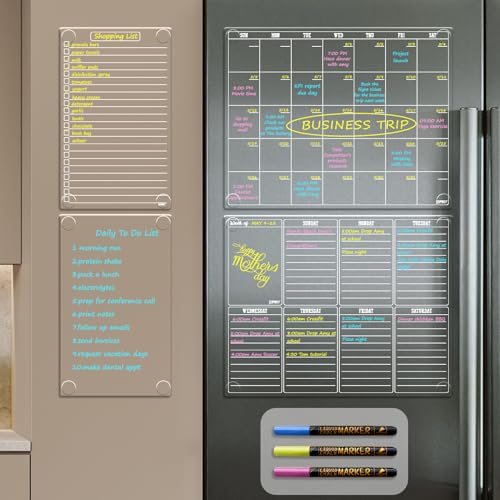 Image of JJPRO Non Magnetic Dry Erase Calendar for Fridge-Reusable Monthly&Weekly Planning Board, List and Blank Board for All Smooth Surfaces. Clear Reusable Board Sticks to Fridge,Wall,Door&Glass