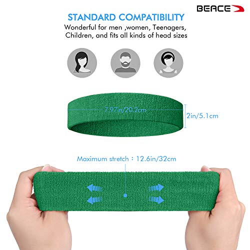 (01-3PC-Black/Gray/DP Green) - BEACE Sweatbands Sports Headband/Wristband for Men & Women - 3PCS / 6