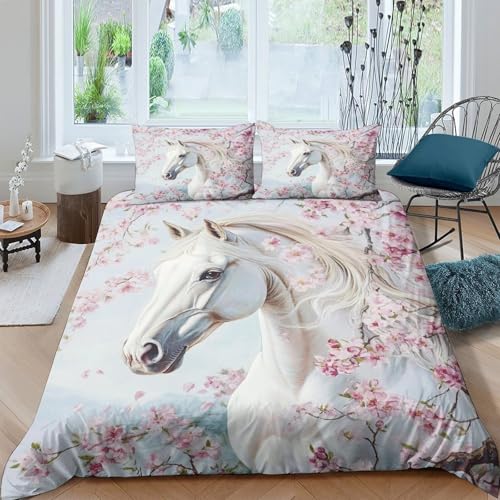 Housse de couette cheval blanc fermeture éclair zippée pour lit 2 personnes