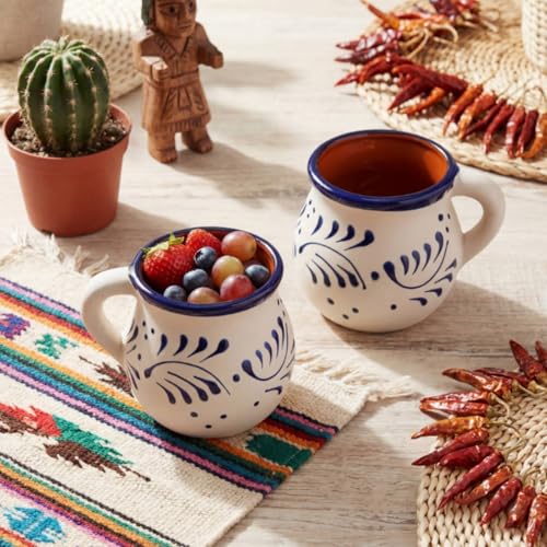 Vesici 2 Pack Mexican Clay Mugs for Cinco de Mayo Hand Painted Mexican Pottery Mugs De Barro Mexicanos Fiesta Coffee Cups Gifts for Birthday Wedding Holiday Parties(Talavera,Blue & White)
