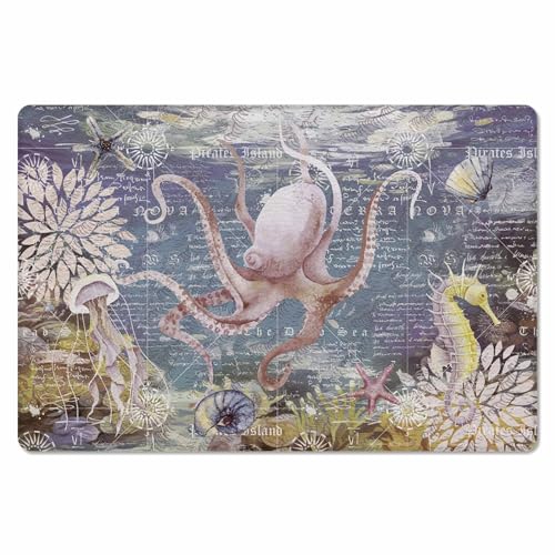 Ocean Octopus Antifatigue Kitchen Bath Door Mat Cushioned Runner Rug,Washable Welcome Floor Sink Mat,Waterproof & Non-Slip Standing Doormat for Kitchen,Coastal Starfish Retro Nautical Maps 18