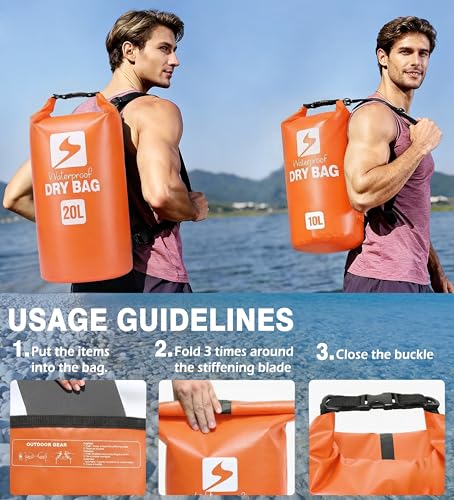 Image of Soulsfeng Waterproof Dry Bag Backpack, Roll Top Floating Dry Storage Bag with Phone Case, Lightweight Dry Sack for Kayaking, Boating, Beach, Travel, Camping 20L, Orange