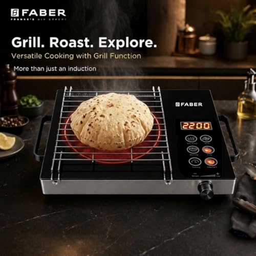 Image of Faber 2200W Infrared Cooktop Stove with Grill Rack for Barbecue| Crystal Glass Plate| Digital Display| 3 Preset Cooking Modes| Touch Control| Infrared Hot Plate| FIP EMBER PRO22 INFRARED