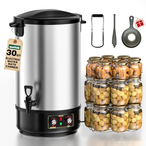 WantJoin Electric Canner - 30QT Electric Water Bath Canner Stainless Steel Makes 11 One-Quart Cans, Adjustable 86-212°F Temp & 30-180min Timer Canning Pot for Home w/Rack, Jar Lifter, Funnel, 1800W