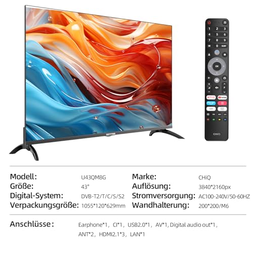 CHIQ U43QM8G 43-Zoll Smart-TV-Gerät, QLED UHD mit HDR, rahmenloses Metall-Design, Google TV, Dolby Audio, Dreifach-Tuner, 2,4G/5G WLAN, Google Assistant, HDMI 2.1, USB2.0, Modell 2023 Schwarz – Bild 7