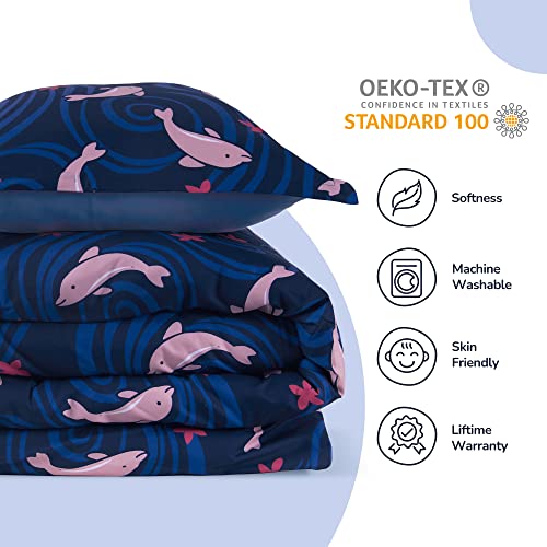 SLEEP ZONE Kids Duvet Cover Set Queen Size 3 Pieces - Super Soft & Cute Comforter Cover with 2 Pillow Shams, Easy Care Zipper Closure (Navy Dolphin, Queen) - image 6