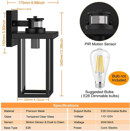 Motion Sensor Outdoor Wall Lights, Dusk To Dawn Exterior Light Fixtures Wall Mount, Front Porch Light With Matte Black Finish, Anti Rust Wall Lamp Wall Lantern, Wall Sconce Lighting For Garage, House #TOP5