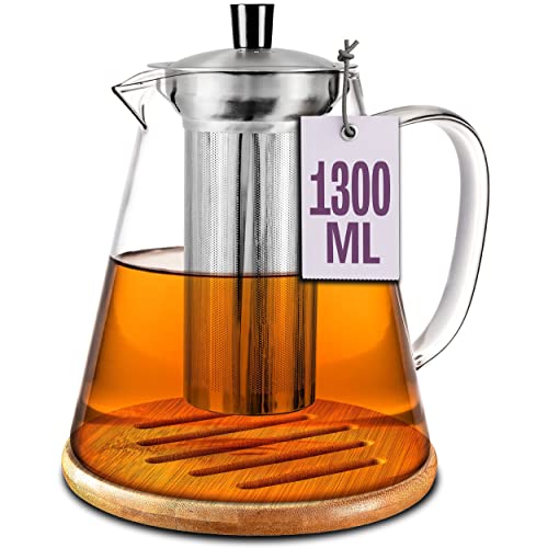 Cosumy Theiere en Verre avec filtre de 1,3 L Grande - Avec sous-verres en Bambou - Lavable au Lave-vaisselle