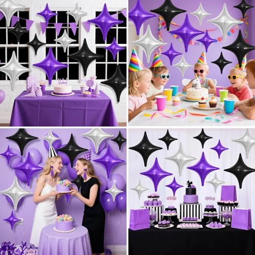 Image of Black Purple Silver Star Balloons,12Pcs Four Angle Star Foil Balloons