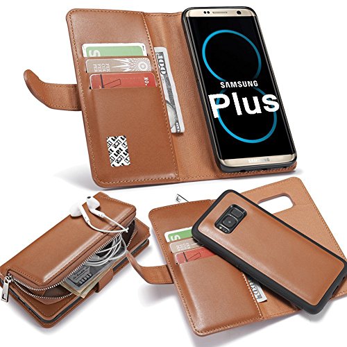 LefRight Samsung S8 Plus Cas (6.2"), Sac Porte-Monnaie en Cuir zippée Amovible Couvercle Porte Carte de crédit Porte-Monnaie de Poche Aimant, Marron