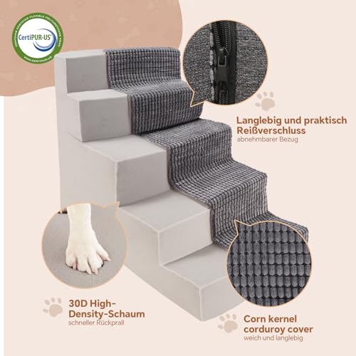 Sytopia Hundetreppe Große Hunde 5 Stufen Hoch, Hundetreppe für Bett 60cm, Haustiertreppe waschbar, hochdichter Schaumstoff, für verletzte ältere Hunde (57cm Höhe, Grau)