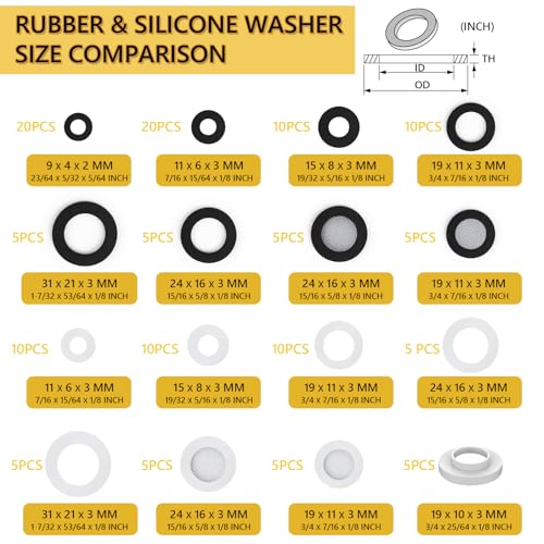 135 Stücke 16 Größen Dichtungsringe Set, Schlauch Unterlegscheiben Gummi Flachdichtung Wasserhahn Dichtringe Siebfilter zur den meisten Standard-Schlauch Wasserhahn Duschkopf-Anschluss