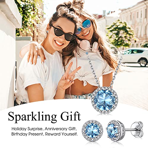 Bestyle 925 Sterling Silver Love Round Cubic Zirconia Earrings March Aquamarine Birthstone Stud Earrings For Women Girls, Hypoallergenic Earrings For Sensitive Ears #TOP4