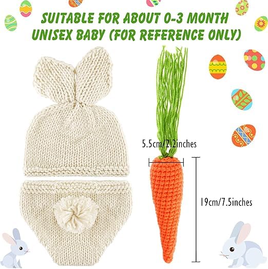 Image of BabyMoon Set of 3 | Baby Carrot Theme Rabbit Costume | Baby Photoshoot Props | Baby Gift Set | Short Hat & Carrot Toy | 0-3 Months
