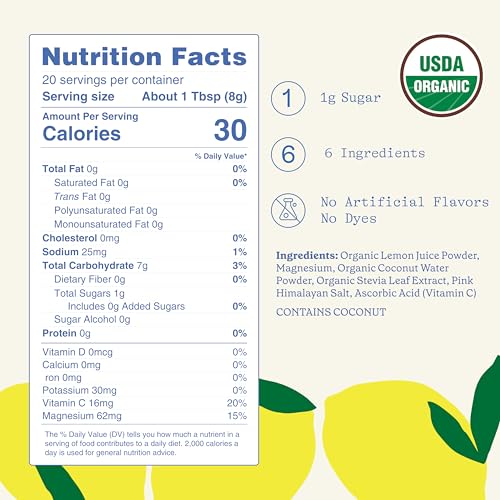 Image of GoodOnya Organic Hydration Electrolyte Drink Mix, Certified Organic Hydration Powder, Non-GMO, Biochecked Glyphosate Free, Low Sugar, Lemonade Flavor, No Artificial Flavors, 20 Servings