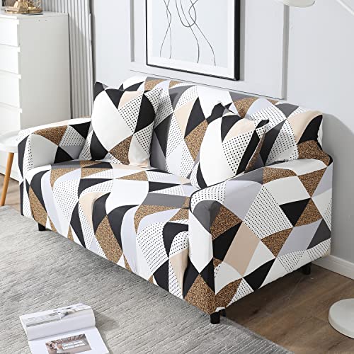 Image of HOKIPO Elastic Stretchable Double Seater Sofa Cover, Grey Brown Geometric (AR-4094-D9)