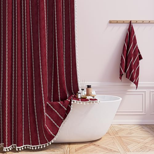 BTTN Boho Shower Curtain Bohemian Linen Fabric Heavy Duty Striped Shower Curtain Set with Tassel Water Repellent Farmhouse Vintage Aesthetic Shower Curtains for Bathroom with Hooks 72x72 Burgundy