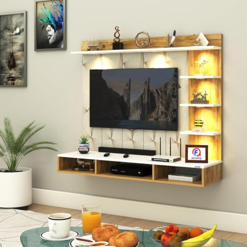 Image of Anikaa Tyron Engineered Wood Wall-Mount TV Unit with PVC Back Panel & LED Lights | TV Cabinet with Storage Box & Decorative Shelves (Gaintwood /White) | Ideal for TVs up to 55 Inch | DIY Installation