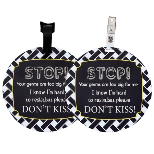 Image of PLIGREAT 2 Pack No Touching Baby Car Seat Sign, Stop Kissing Baby Stroller Tag with Hanging Straps and Clip, No Touch Baby Safety Sign for Baby Girl Boy
