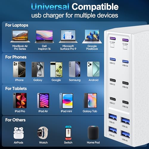 Image of 500W USB C Charger Block, 12-Port USB C Charging Station for Multiple Devices, Leather Texture Dual PD 65W Laptop Fast Charger Compatible with MacBook Pro /Air, iPad, iPhone,Galaxy and More, White
