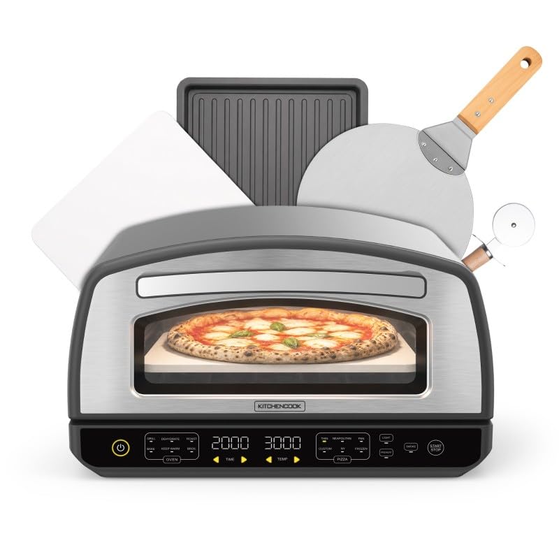 Kitchencook - Four à Pizza - 2000w - Jusqu'à 450°c - 12 Programmes - Plaque De Cuisson En émail, Pelle Et Coupe Pizza En Inox