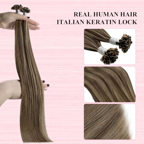 Image of YoungSee U Tip Hair Extensions Human Hair Brown Highlight K Tip Hair Extensions Real Human Hair 24 Inch Keratin Hair Extension Blonde Highlight Utip Extension Dark Brown Highlight Blonde 50s /50g