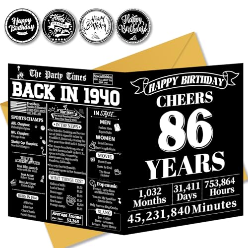 86th Birthday Card, 86th Retro Birthday Decorations for Women, Men, Grandpa and Grandma, 1940 Creative Card, Unique Birthday Gift for 86 year old Mother Dad
