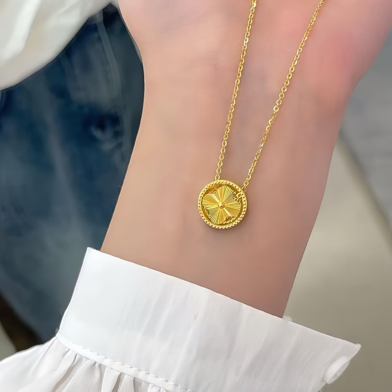 Gold Round Clover Necklace for Women Dainty 14K Gold Plated Pendant Necklace Adjustable Chain Choker Charm Colorful Rotating Clover Pendant Lucky Necklace for Women Jewelry - Image 3