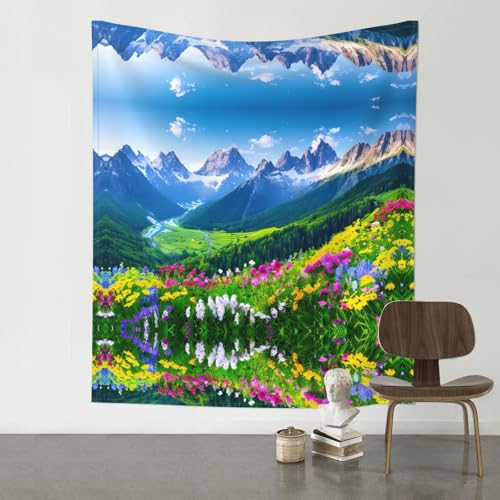 Tapisserie murale montagne et grand drapé tissu déco fleur