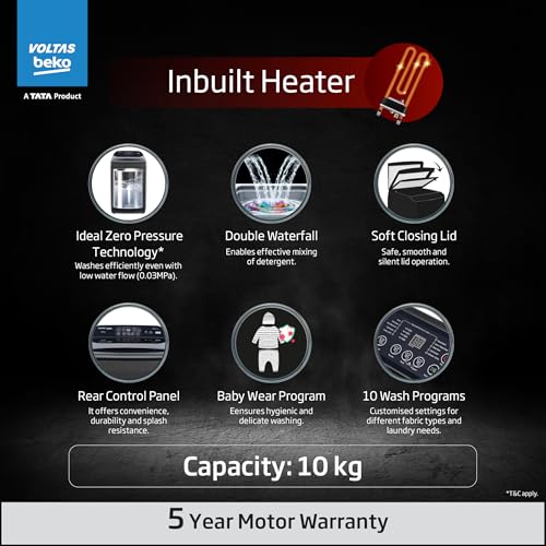 Image of Voltas Beko, A Tata Product 10 Kg 5 Star Fully-Automatic Top Loading Washing Machine (WTL1006UEAH /OBS3060, Dark Grey, Inbuilt Heater)