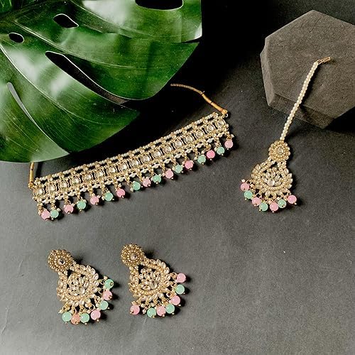 Image of I Jewels Gold Plated Traditional Kundan Pearl Drop Choker Necklace Jewellery With Earrings & Maang Tikka Set For Women /Girls