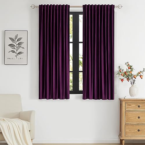 Image of PRIMROSE Purple Velvet Curtains 63 inch Long for Living Room,Set of 2 Panels Blackout Rod Pocket Back Tab Window Treatment Room Darkening Heavy Decorative Curtains Drapes for Bedroom