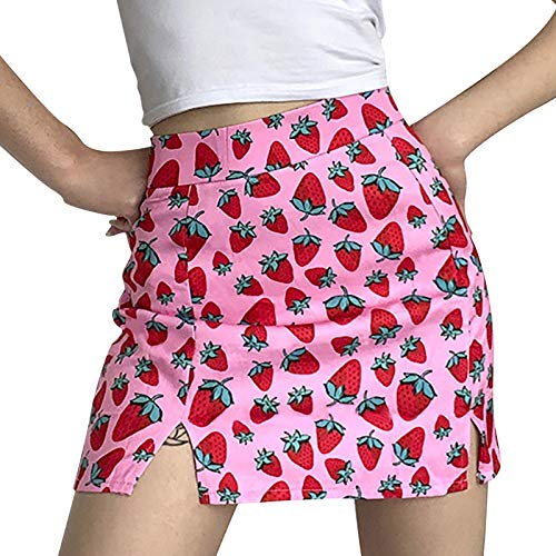 Falda vaquera de mujer corta cintura elástica bolsillo alto para mujeres caderas fresa falda delgada dividida impresión niña falda mujer verano flores, Rosa., S Cover