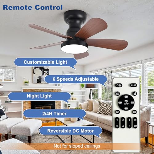 Image of Depuley Small Ceiling Fan with Lights: 28-Inch Flush Mount Fan with Light and Remote - Low Profile Ceiling Fans Reversible Quiet DC Motor for Bedroom Living Room Indoor Outdoor, Walnut