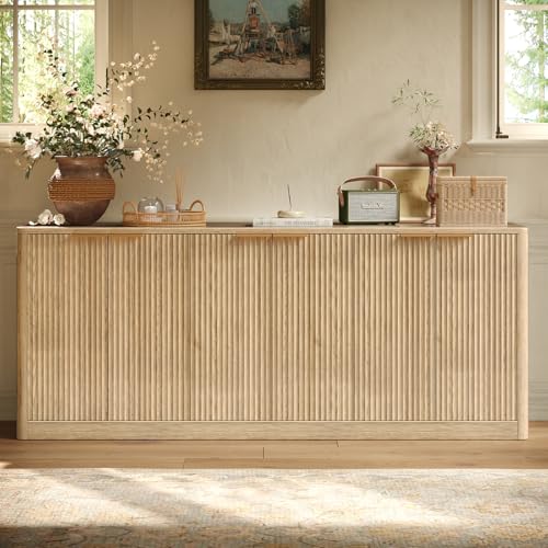 Evermagin 67\" Fluted Oak Buffet Cabinet Sideboard with Storage, Large Credenza with 6 Doors, Wood Mid Century Modern Sideboard for Kitchen and Living Room (67\"*31.5\"*15.7\") - Thumbnail 3