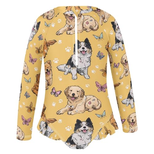 Dog Butterfly Pattern Girls Long Sleeve Swimsuit Rash Guard One Piece Bathing Suits Zipper 3-12T2