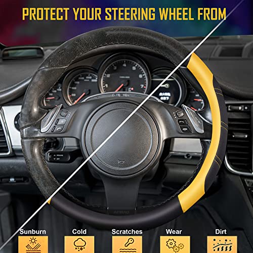 Car Pass Line Rider Microfiber Leather Sporty Steering Wheel Cover Universal Fits For 95% Truck,Suv,Cars,14.5-15Inch Anti-Slip Safety Comfortable Desgin (Black-Yellow) #TOP2