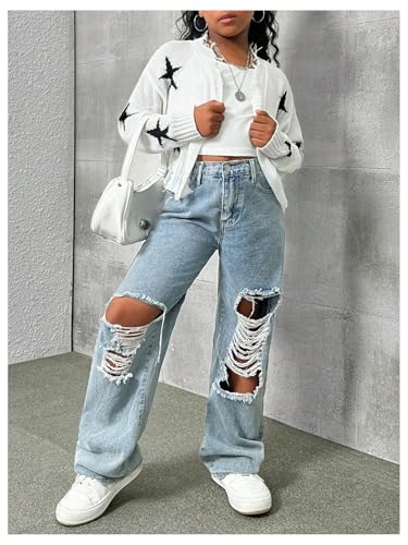 WDIRARA Girl's Graphic Print Raw Hem Cardigans Long Sleeve Open Front Knitted Crop Sweaters4