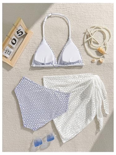 Image of SOLY HUX Girl's Summer Swimsuit Set Floral Halter Triangle Bikini Set with Wrap Skirts Beachwear