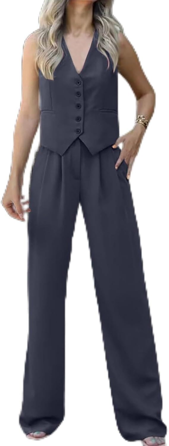 Women's Casual Pants Suits Button Down Sleeveless Vest Loose Straight Wide Leg Pants Business Work Leisure Wear Sets